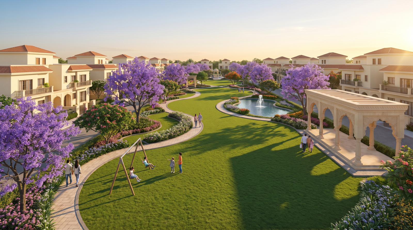 Large landscaped central green park inside the township