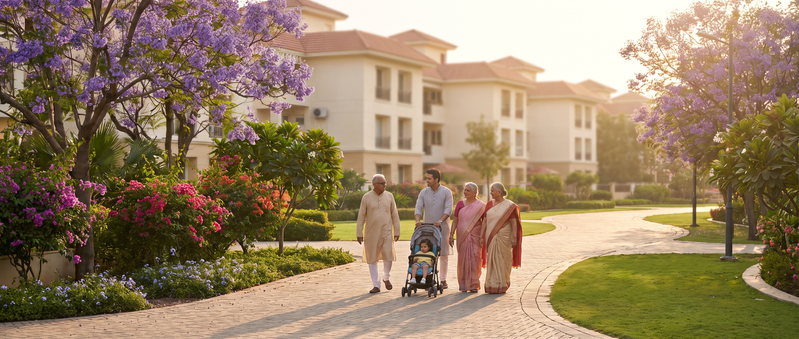 A family walking through a completed KB Realty residential community