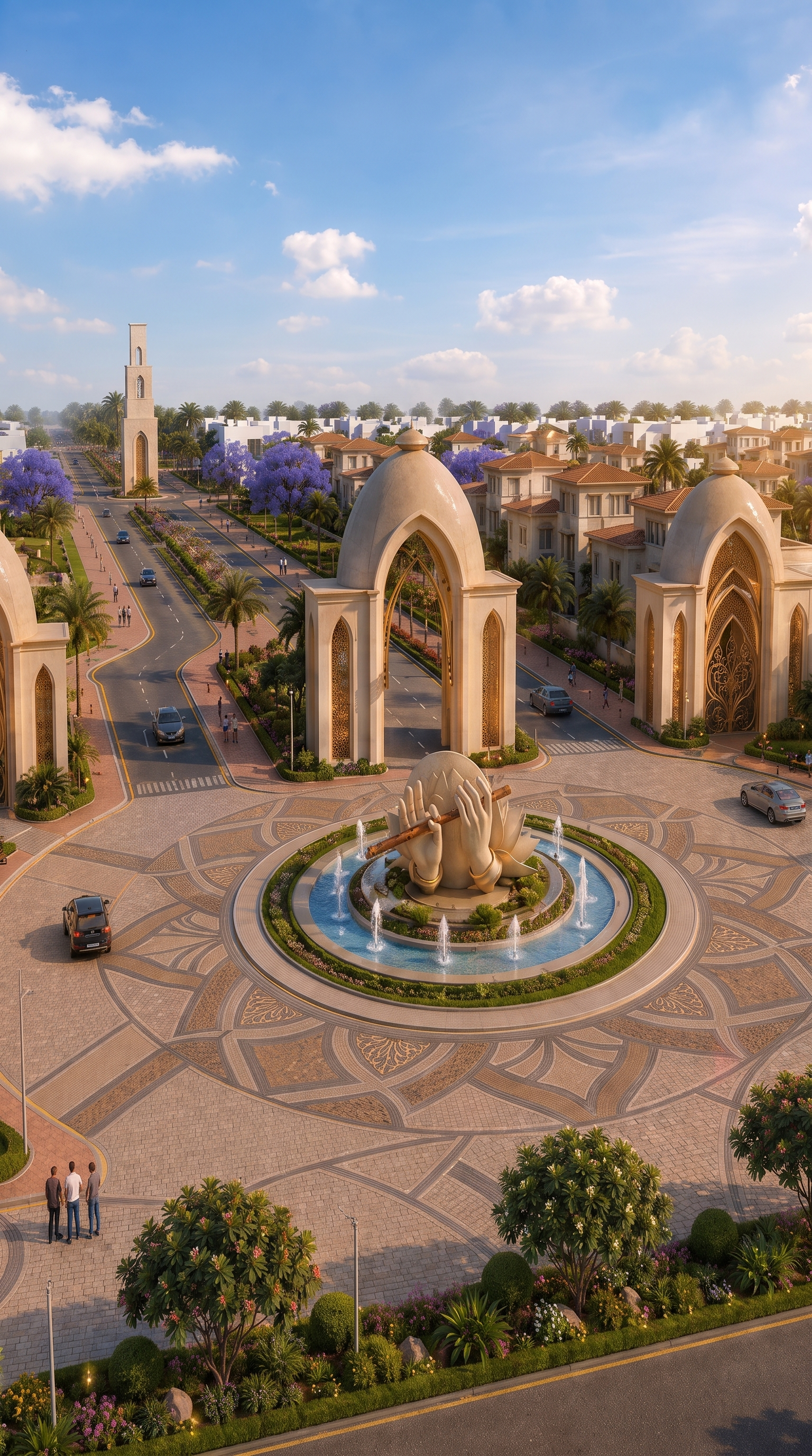 Entrance plaza with the flute and lotus fountain framed by carved arches