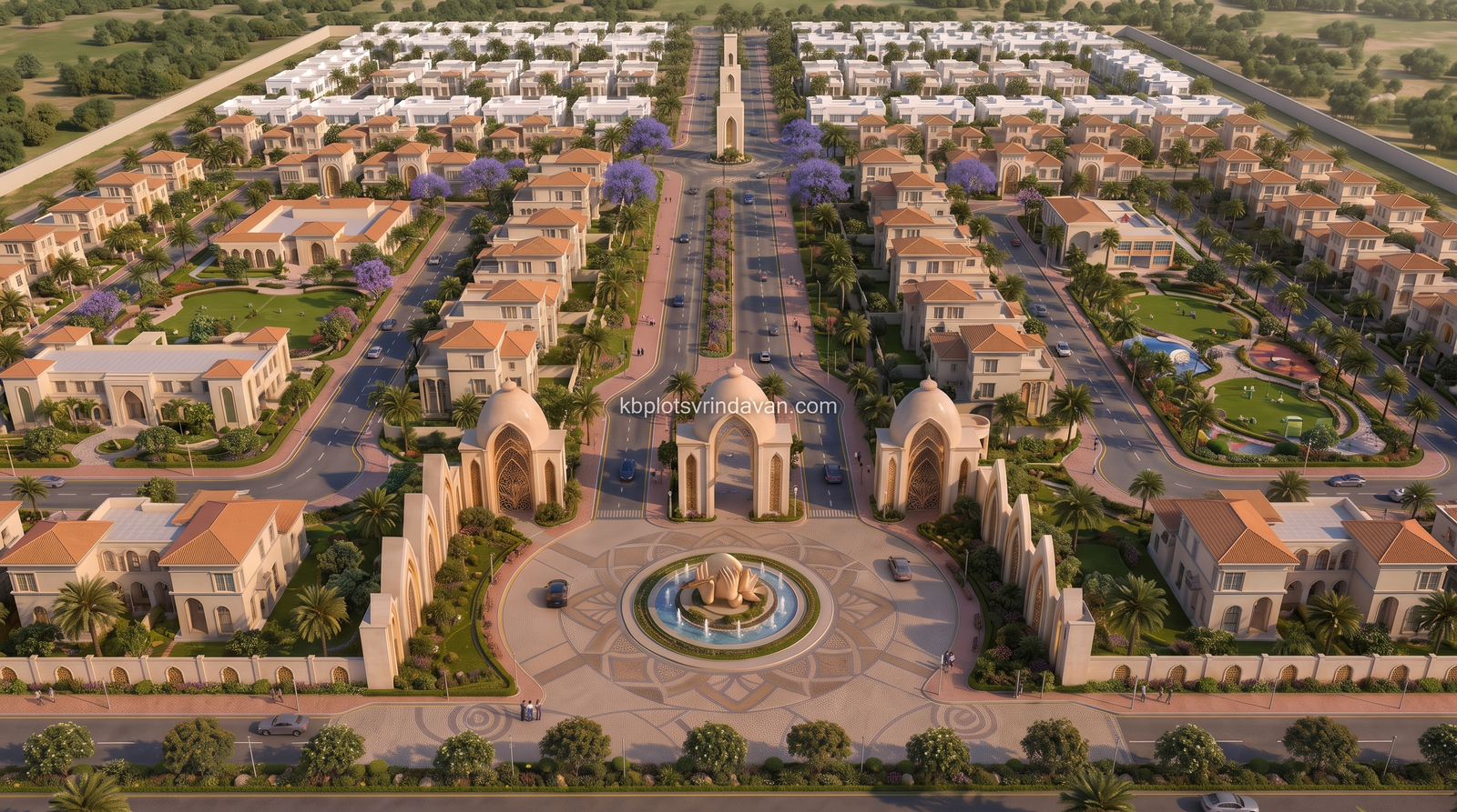 Aerial view of the gated township with its arched entrance plaza and central boulevard