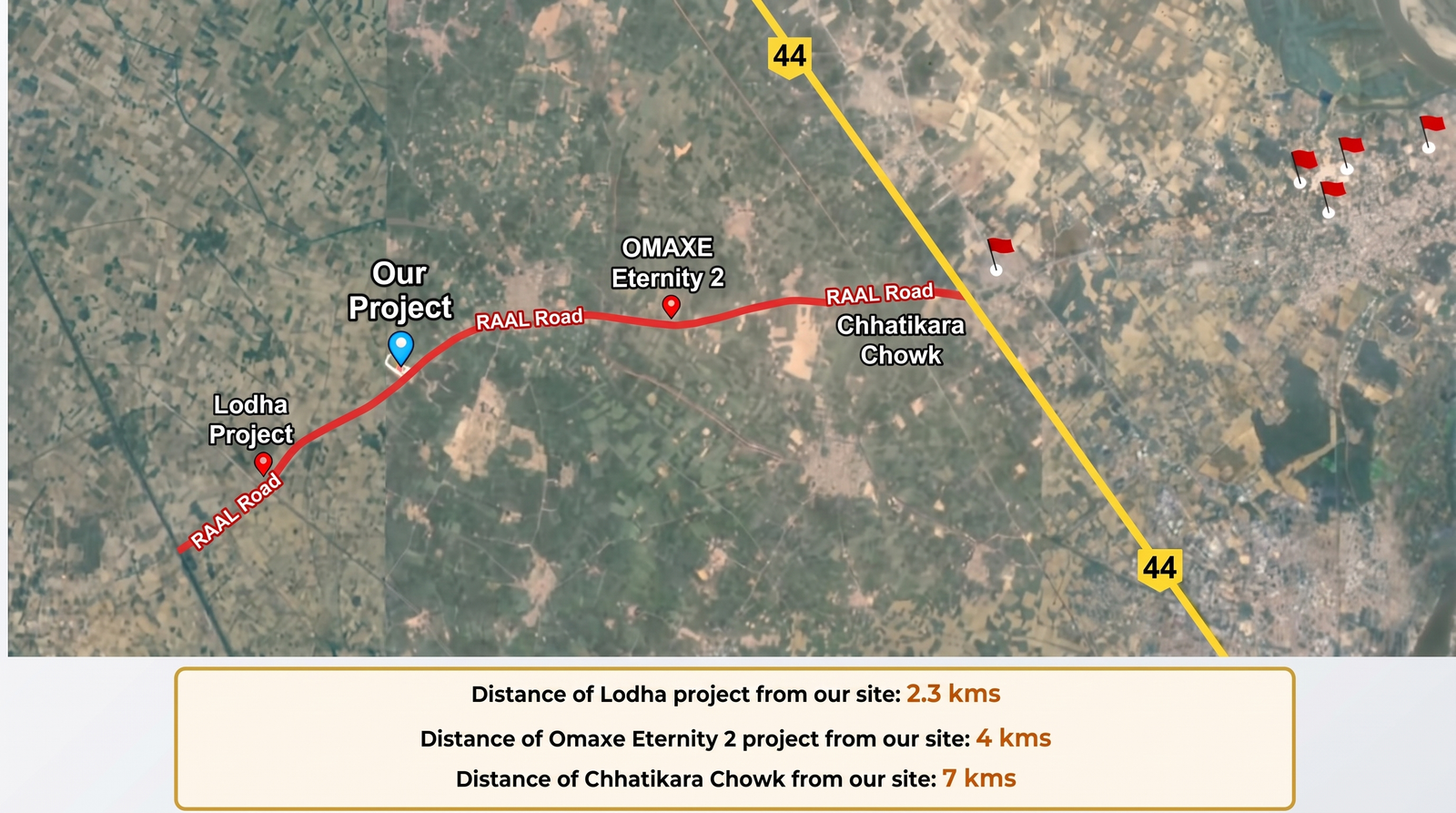 Satellite map showing the site on Raal Road with Lodha, Omaxe Eternity 2 and Chhatikara Chowk marked